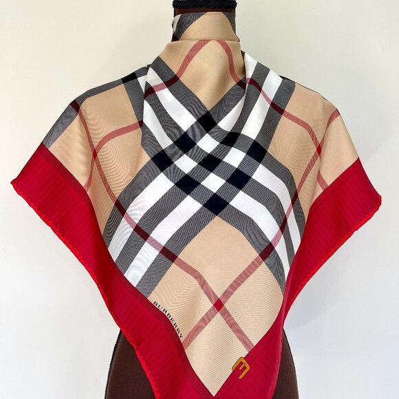 NWT Burberry Scarf Iconic Beige Check Red Border Silk Wrap - Picture 3 of 15